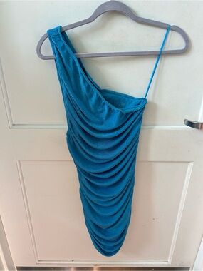 Lioness Teal One-Shoulder Draped Mini Dress